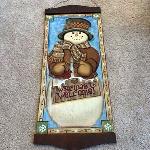 Hand Painted Snowman Welcome Hanging Canvas Sign Winter Holiday Decor 35"x 14"